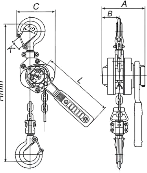 TSALA V-Tec Lever Hoist dimensional views