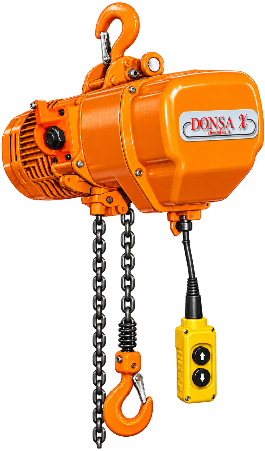 DONSA-X Electric Hoist illustration with the red DONSA X logo on a light nameplate